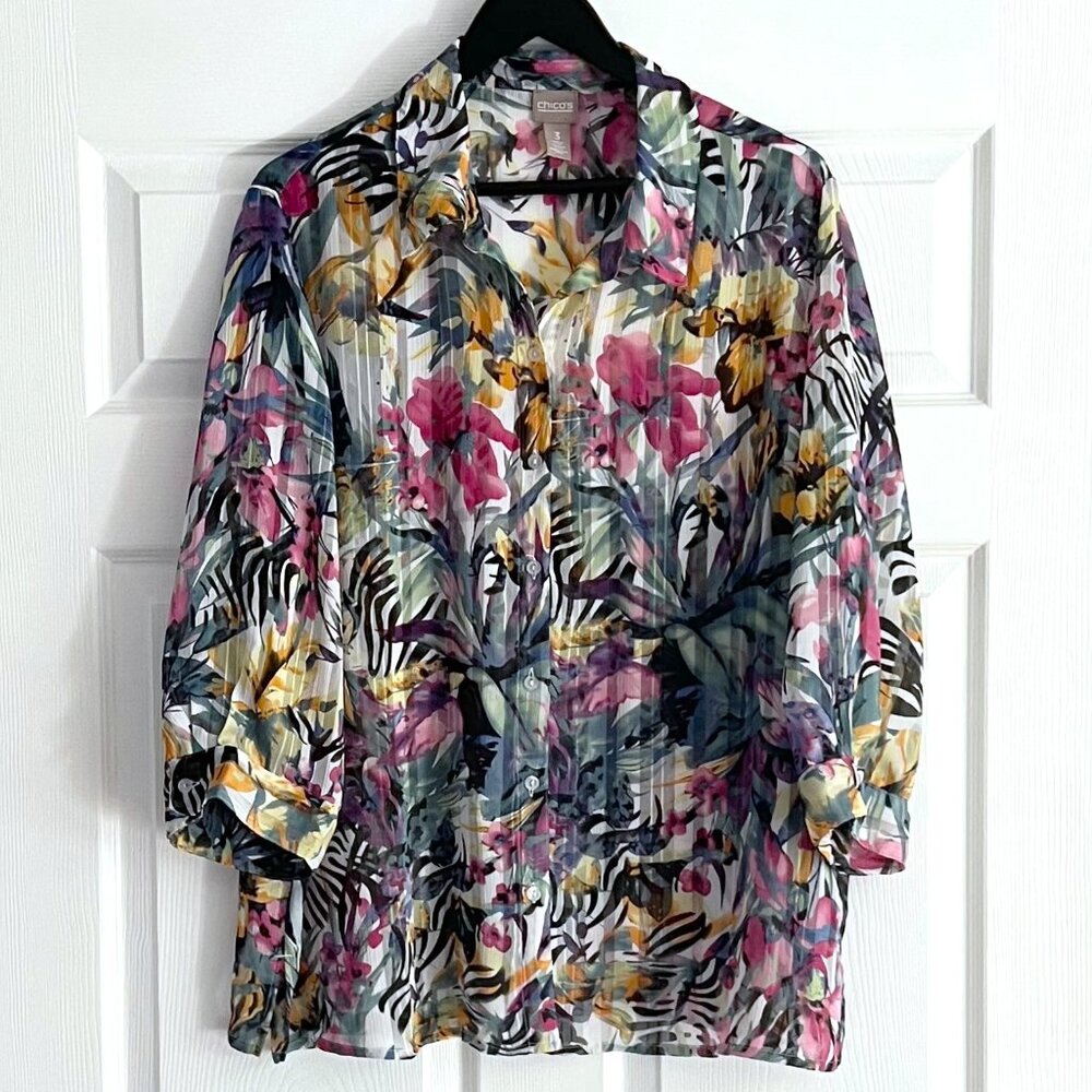 Chico's button down semi sheer floral half sleeve shirt blouse size 3 (XL)